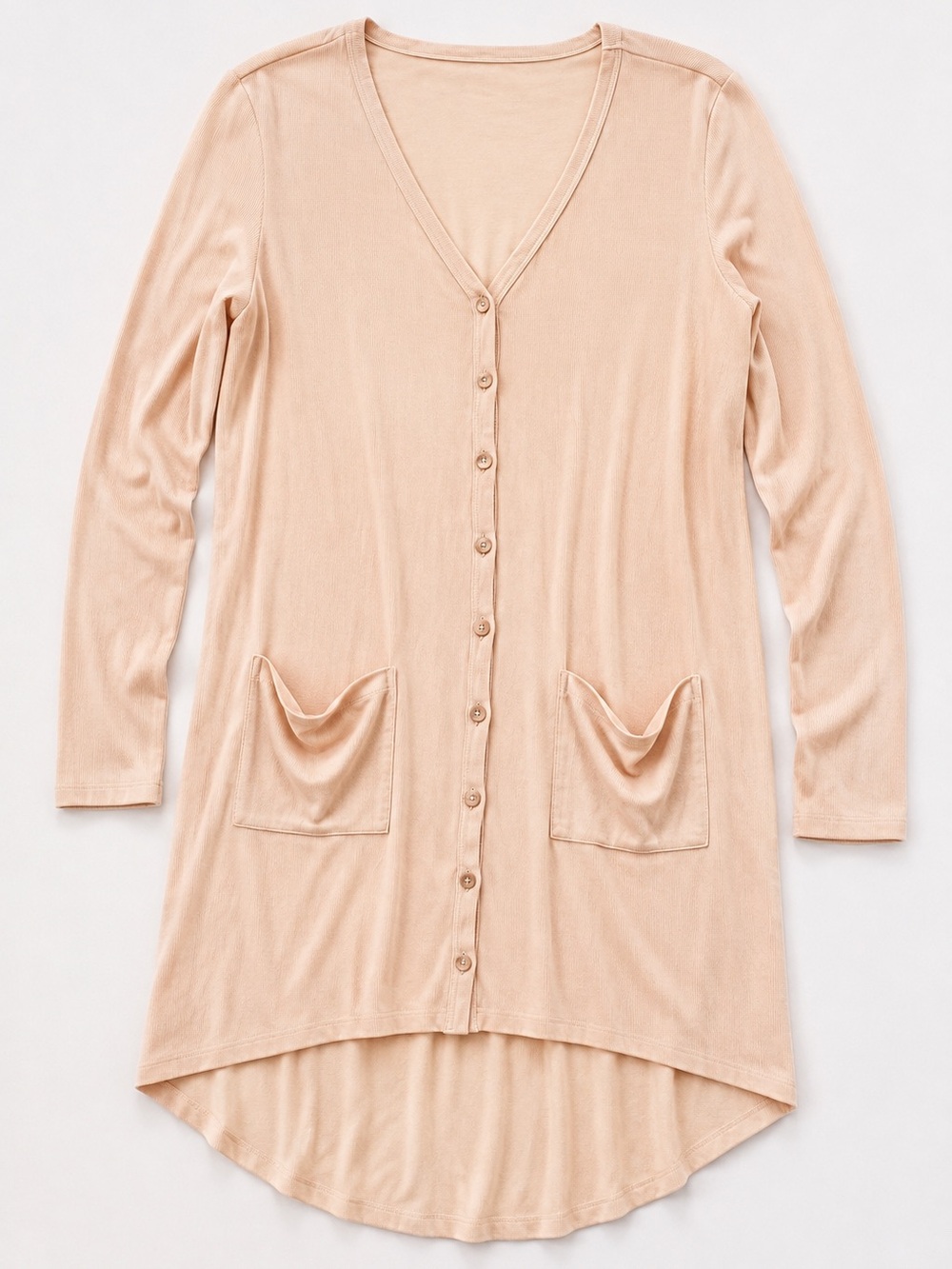 Peach Ribbed Longline Cardigan Duster High Low Hem Pockets L